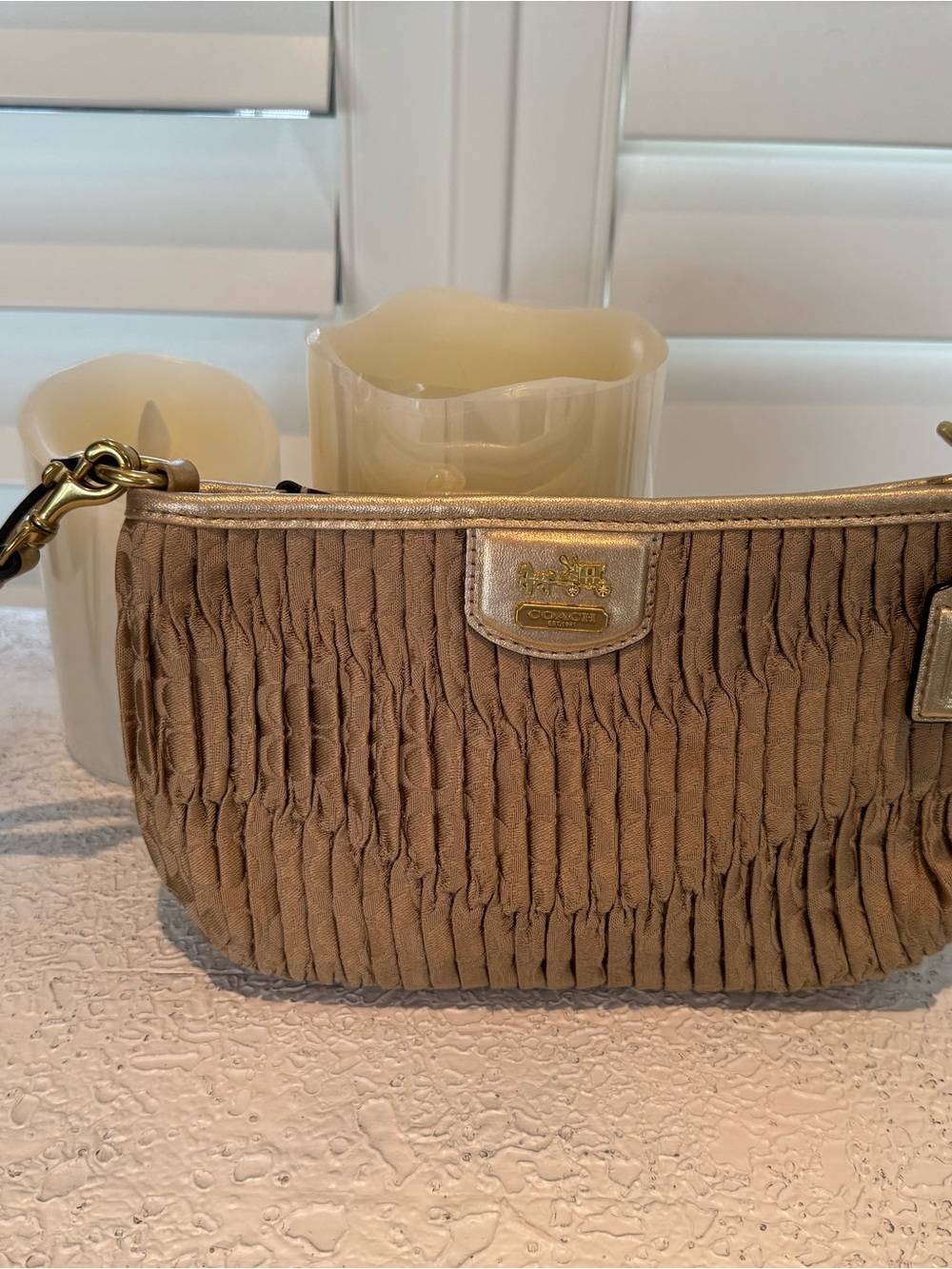 Coach Ruched Clutch Wristlet in Taupe with Gold Trim